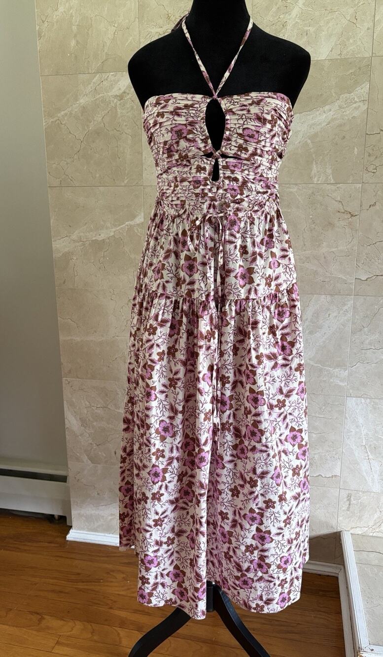 JASON WU Convertible Halter Keyhole Maxi Dress — M Floral Pink Brown Cotton